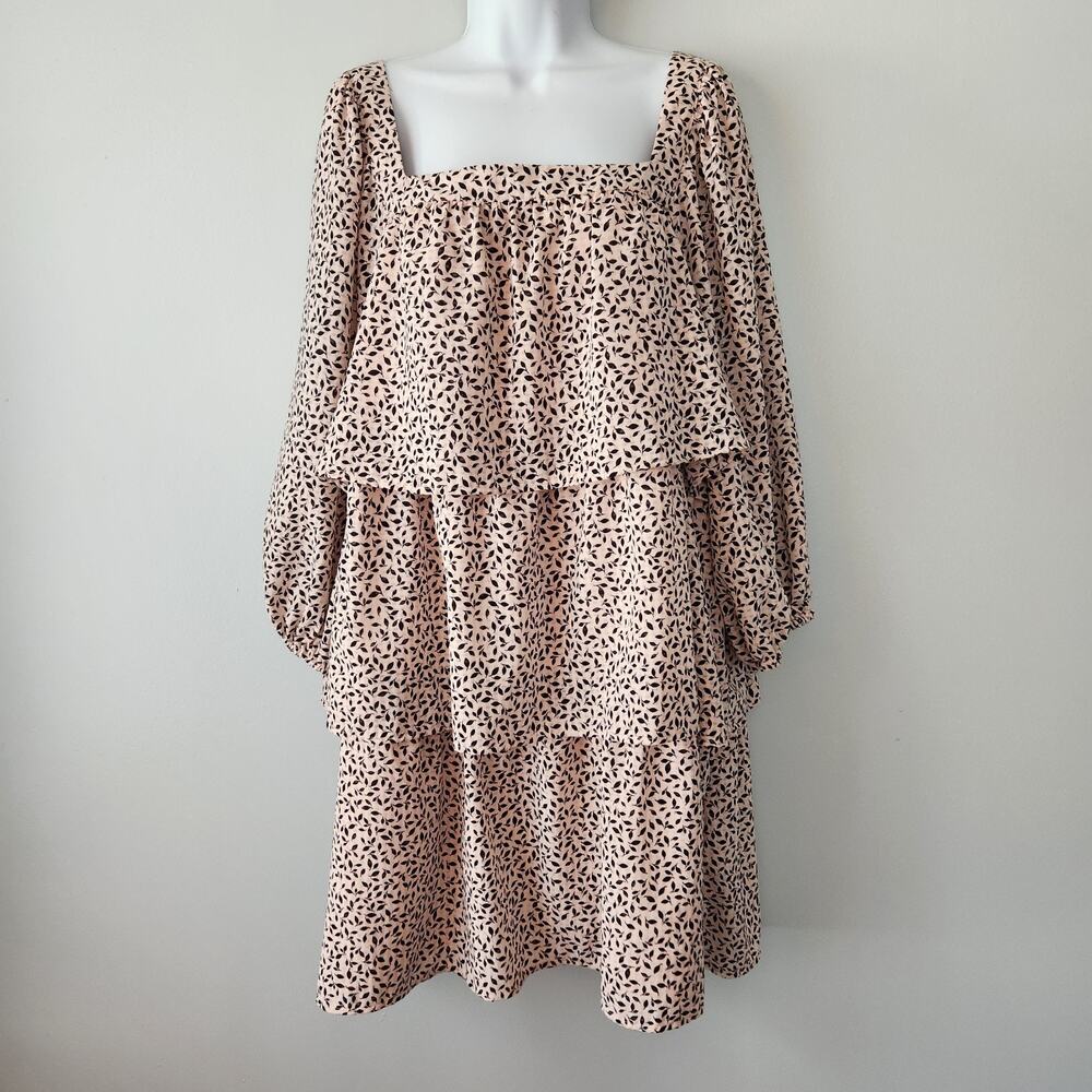 Who What Wear Tiered Dress Women's XL Pink Black Mini Leaf Babydoll Cottagecore